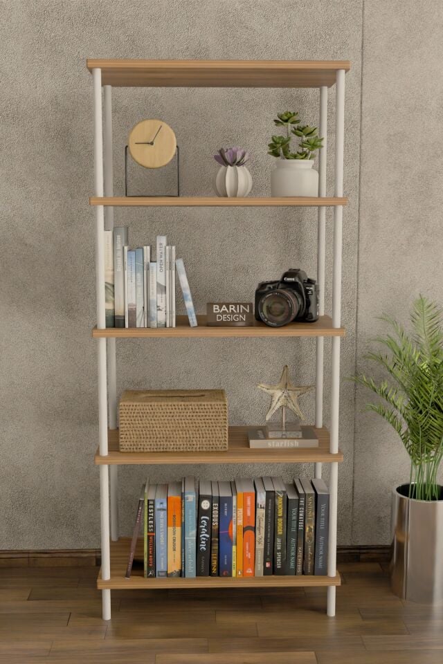 5 Raflı Modern Metal Gövdeli Kitaplık Çevir-Tak Kolay Kurulum Çalışma Odası, Salon, Ofis Kullanımı Atlantik Çam