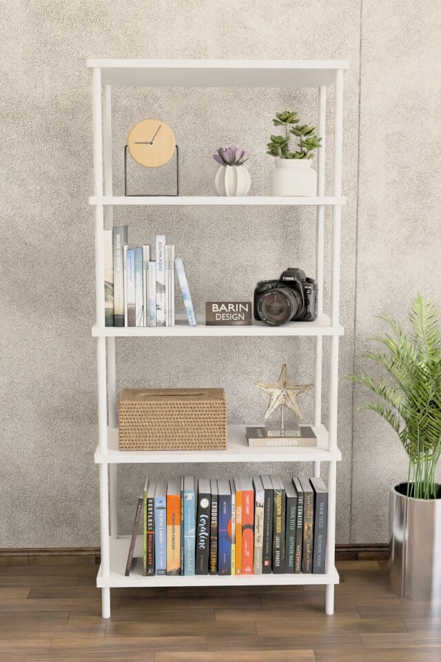 5 Raflı Modern Metal Gövdeli Kitaplık Çevir-Tak Kolay Kurulum Çalışma Odası, Salon, Ofis Kullanımı Beyaz