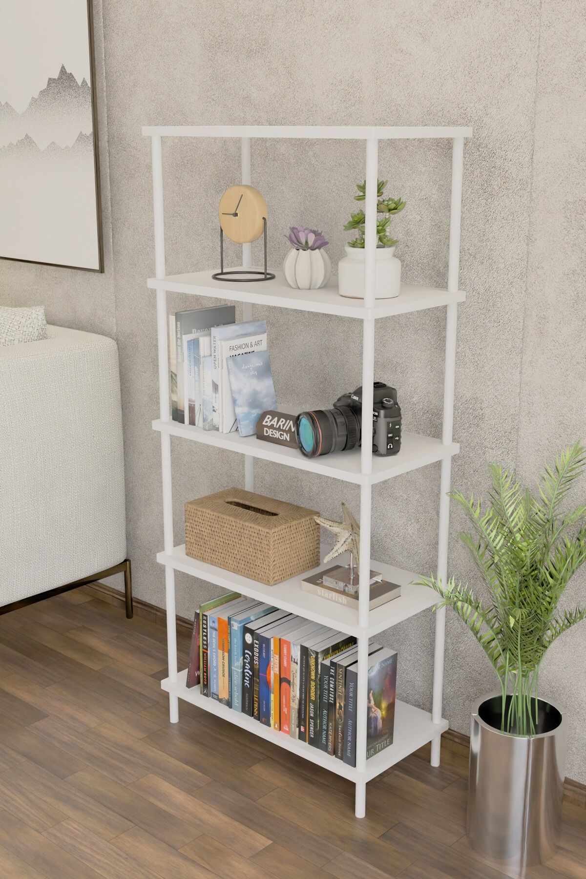 5 Raflı Modern Metal Gövdeli Kitaplık Çevir-Tak Kolay Kurulum Çalışma Odası, Salon, Ofis Kullanımı Beyaz