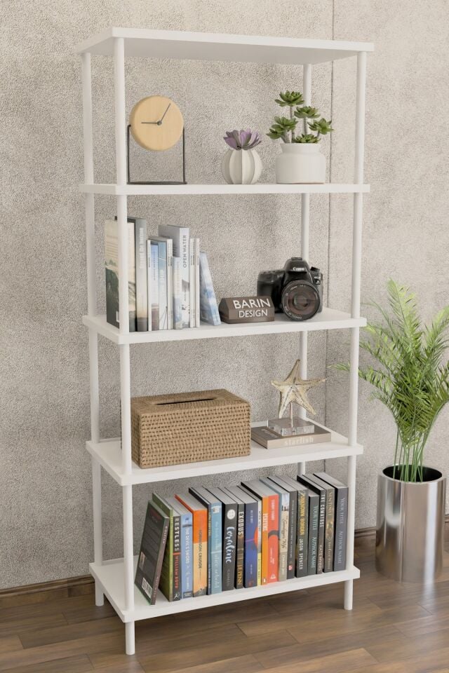 5 Raflı Modern Metal Gövdeli Kitaplık Çevir-Tak Kolay Kurulum Çalışma Odası, Salon, Ofis Kullanımı Beyaz