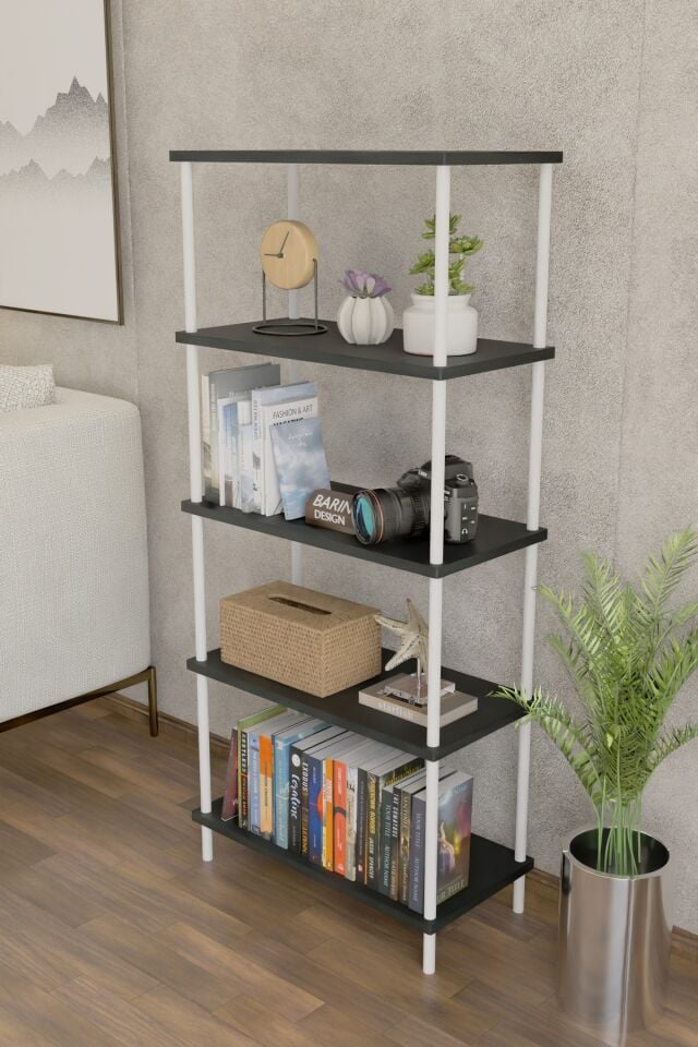 5 Raflı Modern Metal Gövdeli Kitaplık Çevir-Tak Kolay Kurulum Çalışma Odası, Salon, Ofis Kullanımı Antrasit