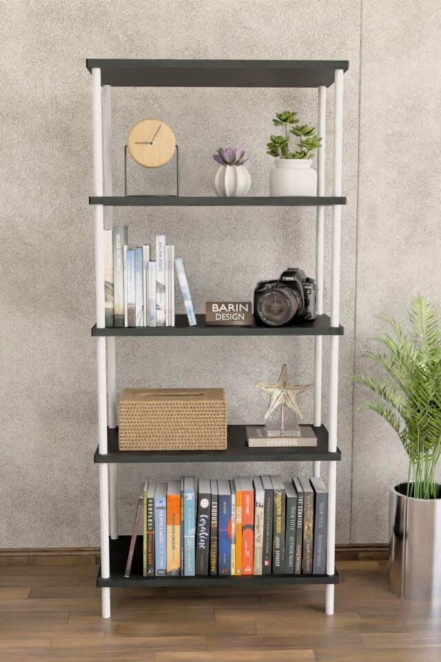 5 Raflı Modern Metal Gövdeli Kitaplık Çevir-Tak Kolay Kurulum Çalışma Odası, Salon, Ofis Kullanımı Antrasit