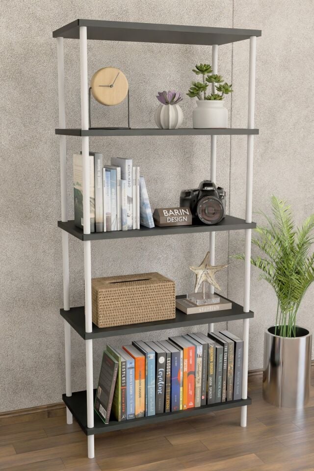 5 Raflı Modern Metal Gövdeli Kitaplık Çevir-Tak Kolay Kurulum Çalışma Odası, Salon, Ofis Kullanımı Antrasit