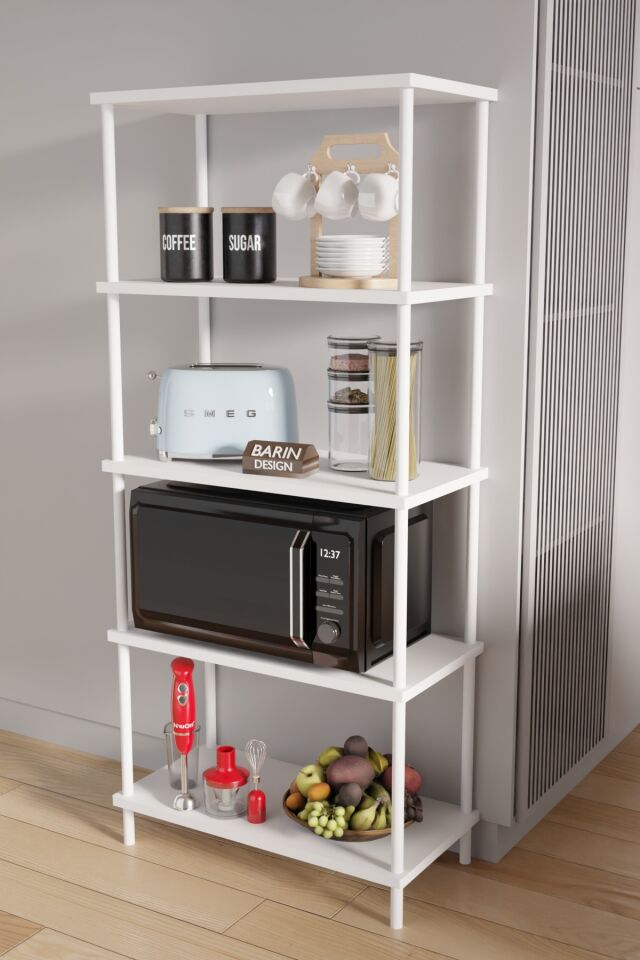 5 Raflı Çevir Kur Modern Metal Gövdeli Raf | Mutfak, Kiler, Depo Kullanımına Uygun Açık Dolap Beyaz