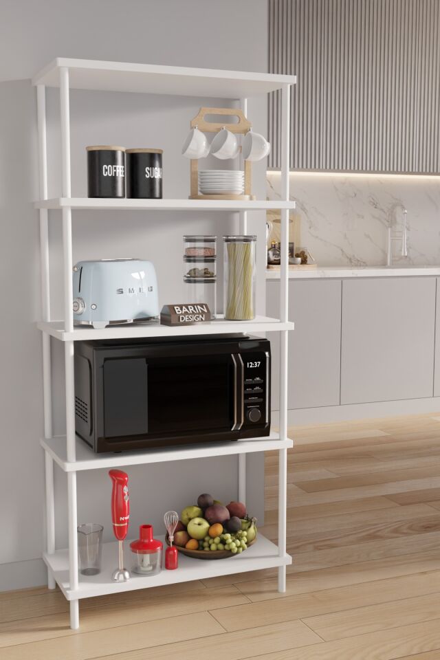 5 Raflı Çevir Kur Modern Metal Gövdeli Raf | Mutfak, Kiler, Depo Kullanımına Uygun Açık Dolap Beyaz