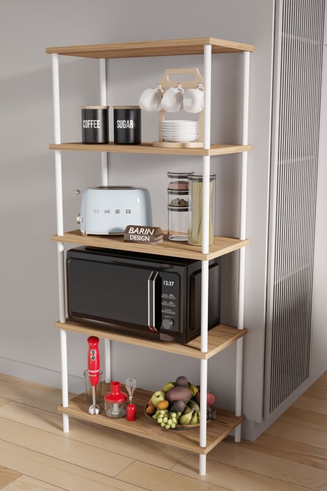 5 Raflı Çevir Kur Modern Metal Gövdeli Raf | Mutfak, Kiler, Depo Kullanımına Uygun Açık Dolap Atlantik Çam