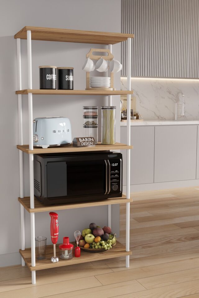 5 Raflı Çevir Kur Modern Metal Gövdeli Raf | Mutfak, Kiler, Depo Kullanımına Uygun Açık Dolap Atlantik Çam