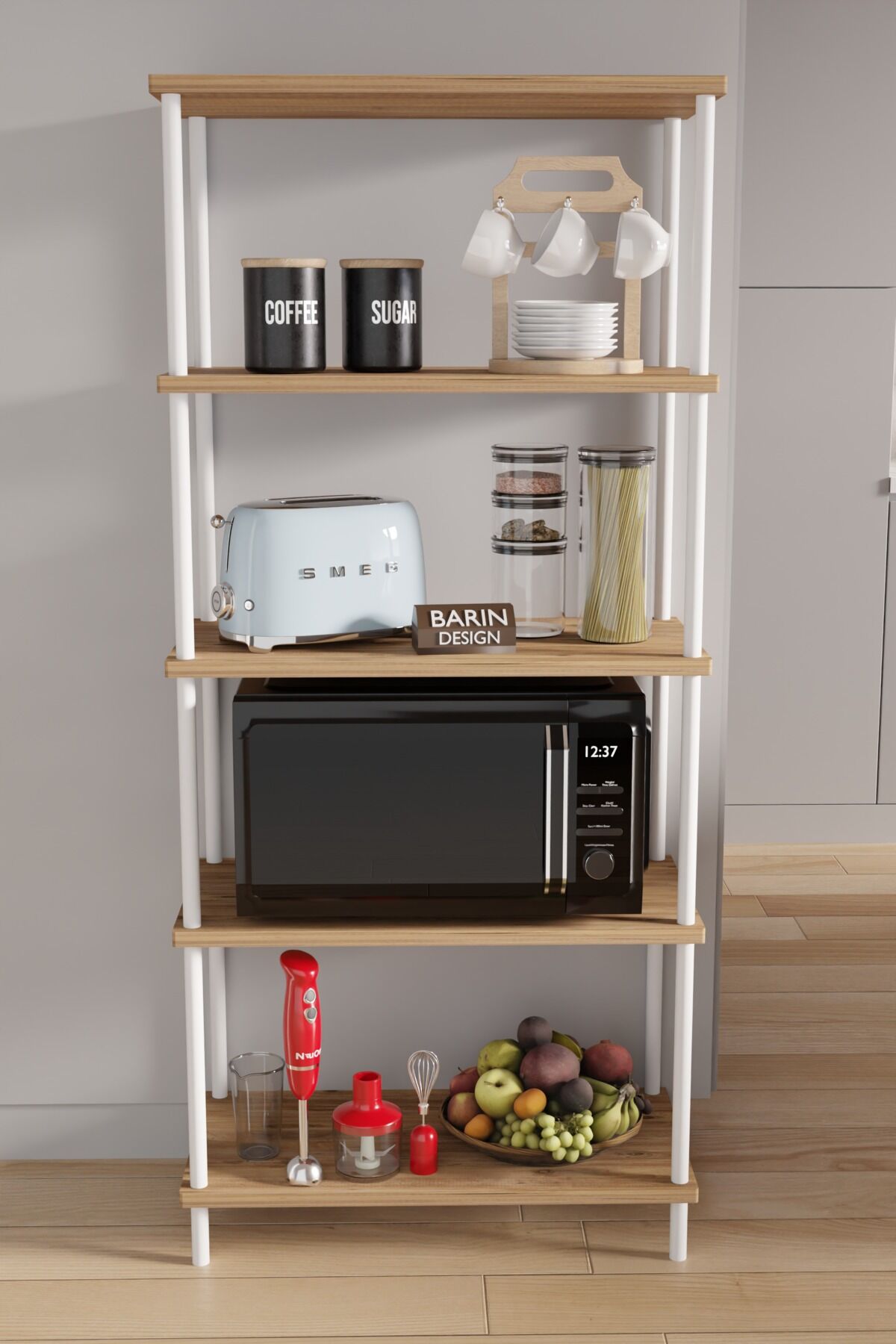 5 Raflı Çevir Kur Modern Metal Gövdeli Raf | Mutfak, Kiler, Depo Kullanımına Uygun Açık Dolap Atlantik Çam