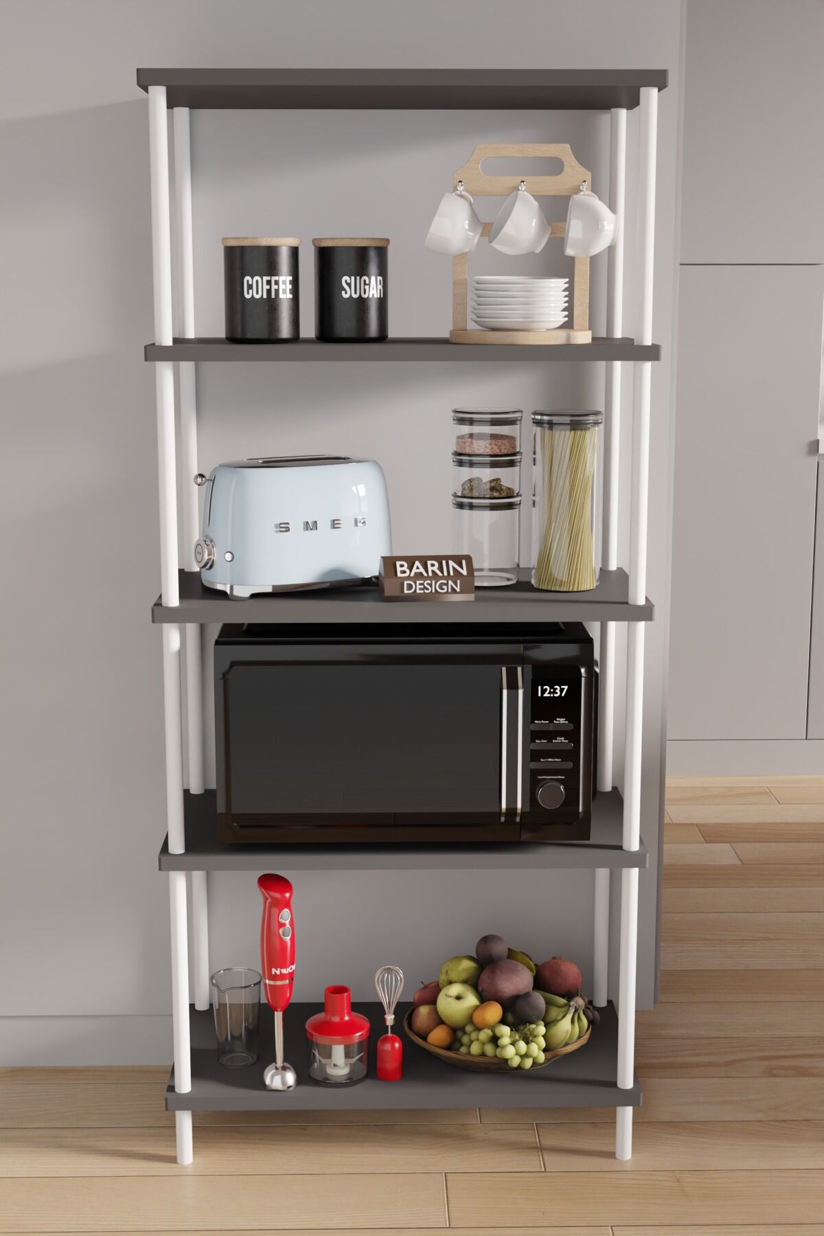 5 Raflı Çevir Kur Modern Metal Gövdeli Raf | Mutfak, Kiler, Depo Kullanımına Uygun Açık Dolap Antrasit