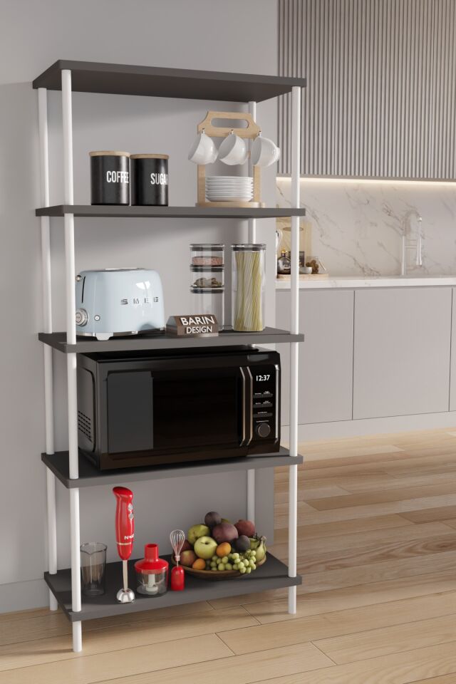 5 Raflı Çevir Kur Modern Metal Gövdeli Raf | Mutfak, Kiler, Depo Kullanımına Uygun Açık Dolap Antrasit