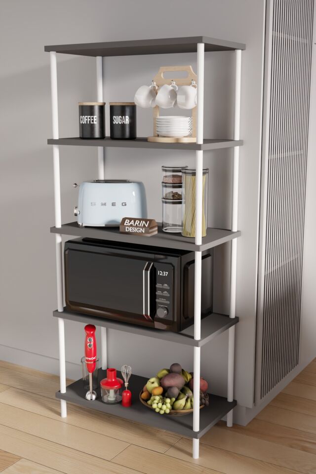 5 Raflı Çevir Kur Modern Metal Gövdeli Raf | Mutfak, Kiler, Depo Kullanımına Uygun Açık Dolap Antrasit