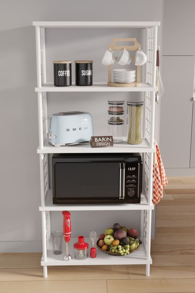 5 Raflı Çevir Kur Modern Metal Gövdeli Raf | Mutfak, Kiler, Depo Kullanımına Uygun Açık Dolap Beyaz