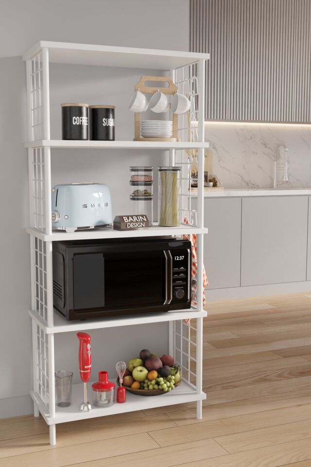 5 Raflı Çevir Kur Modern Metal Gövdeli Raf | Mutfak, Kiler, Depo Kullanımına Uygun Açık Dolap Beyaz