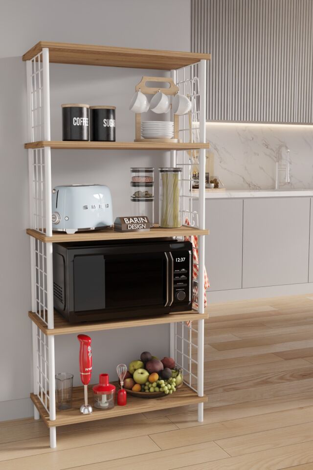 Barın Design 5 Raflı Çevir Kur Modern Metal Gövdeli Raf | Mutfak, Kiler, Depo Kullanımına Uygun Açık Dolap