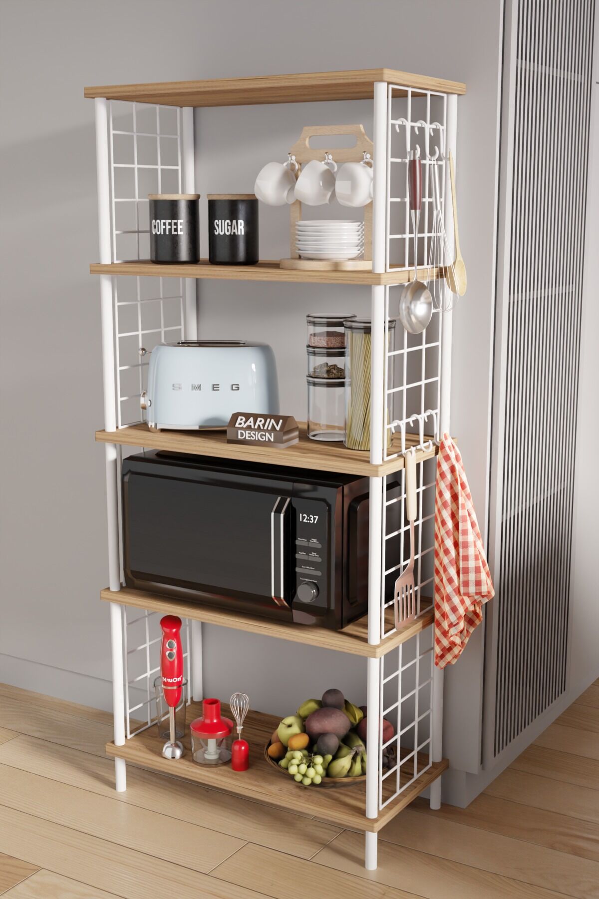 5 Raflı Çevir Kur Modern Metal Gövdeli Raf | Mutfak, Kiler, Depo Kullanımına Uygun Açık Dolap Atlantik Çam