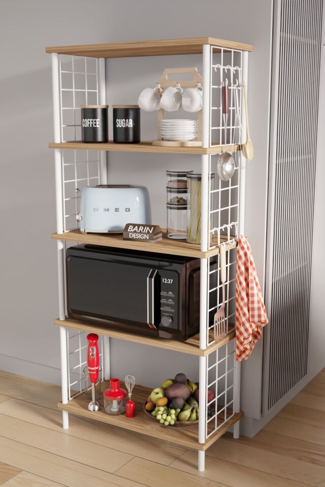 5 Raflı Çevir Kur Modern Metal Gövdeli Raf | Mutfak, Kiler, Depo Kullanımına Uygun Açık Dolap Atlantik Çam