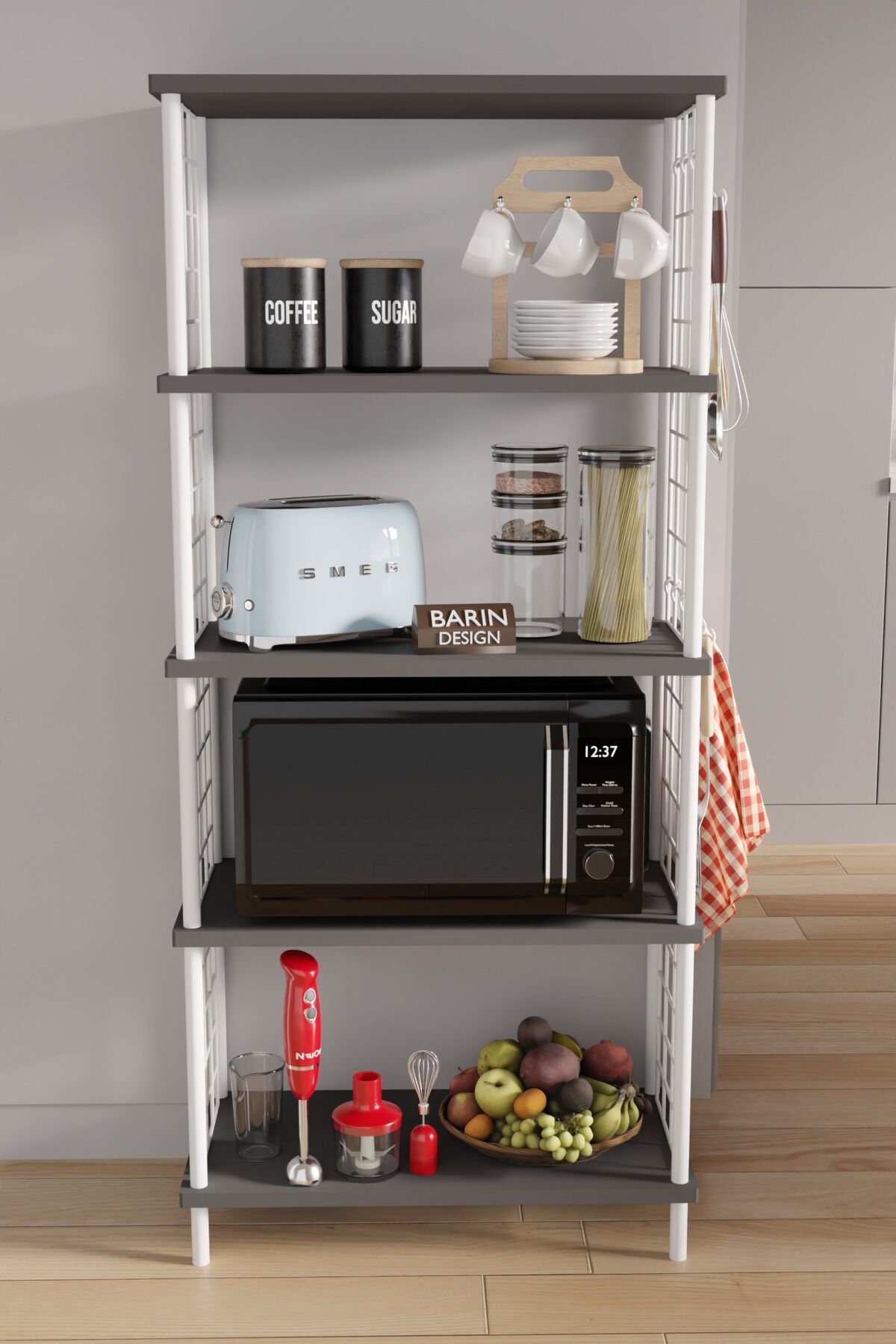 5 Raflı Çevir Kur Modern Metal Gövdeli Raf | Mutfak, Kiler, Depo Kullanımına Uygun Açık Dolap Antrasit