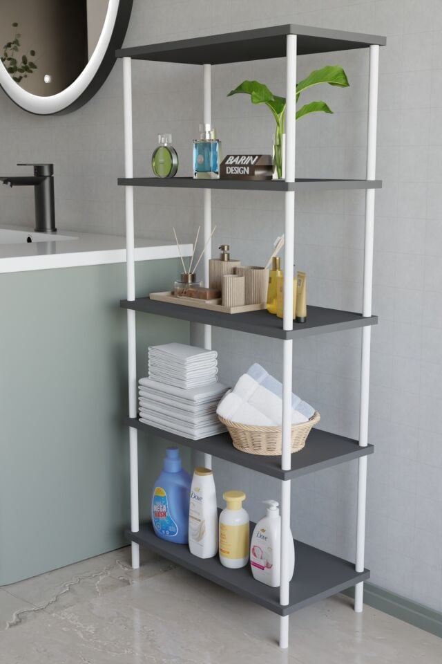 5 Katlı Çevir Kur Metal Gövdeli Banyo Rafı | Çok Amaçlı Düzenleyici | Organizer Stand Banyo Dolabı Antrasit