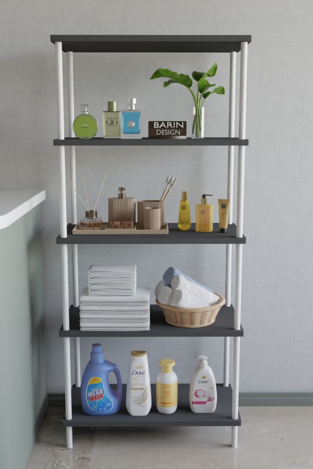 5 Katlı Çevir Kur Metal Gövdeli Banyo Rafı | Çok Amaçlı Düzenleyici | Organizer Stand Banyo Dolabı Antrasit