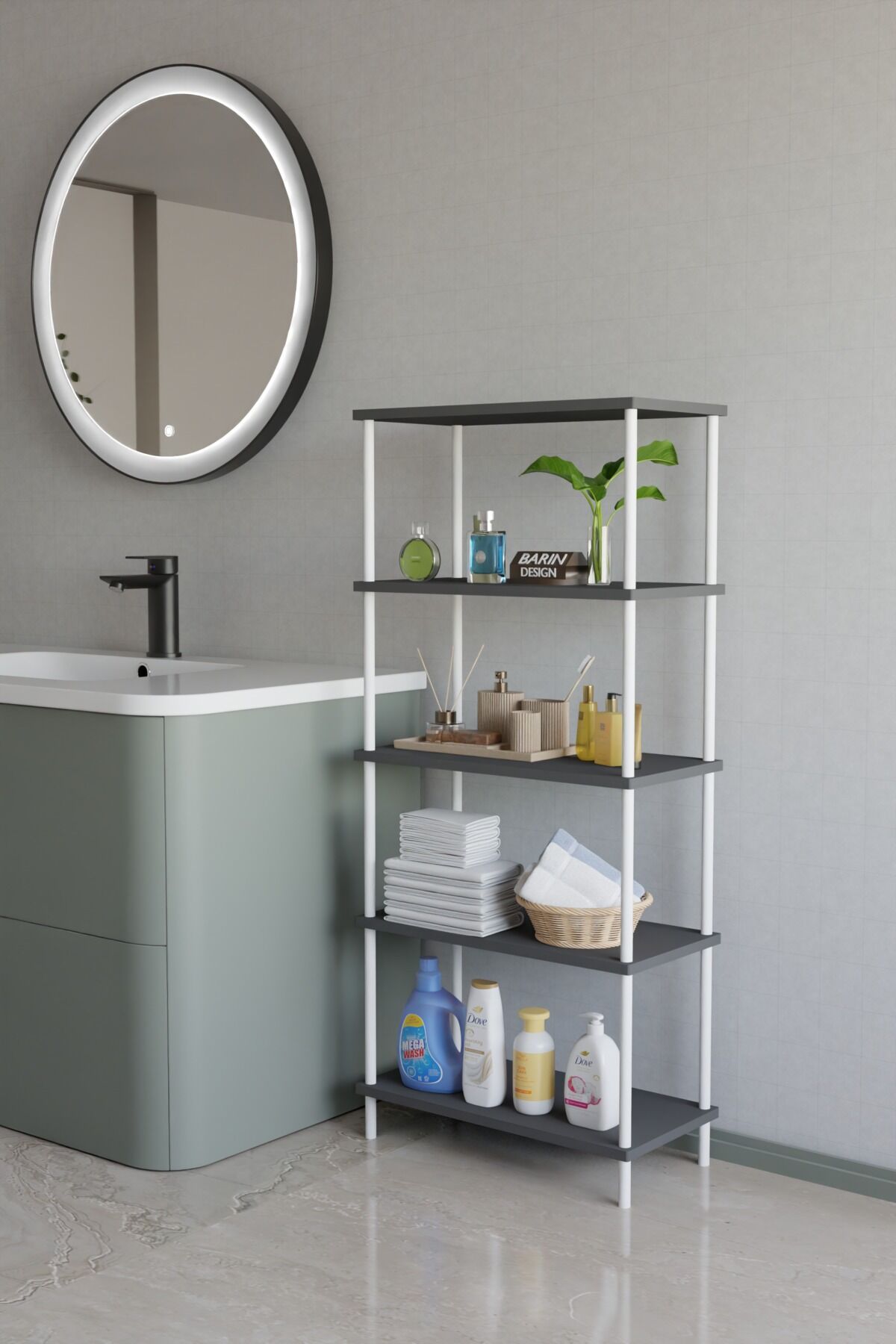 5 Katlı Çevir Kur Metal Gövdeli Banyo Rafı | Çok Amaçlı Düzenleyici | Organizer Stand Banyo Dolabı Antrasit