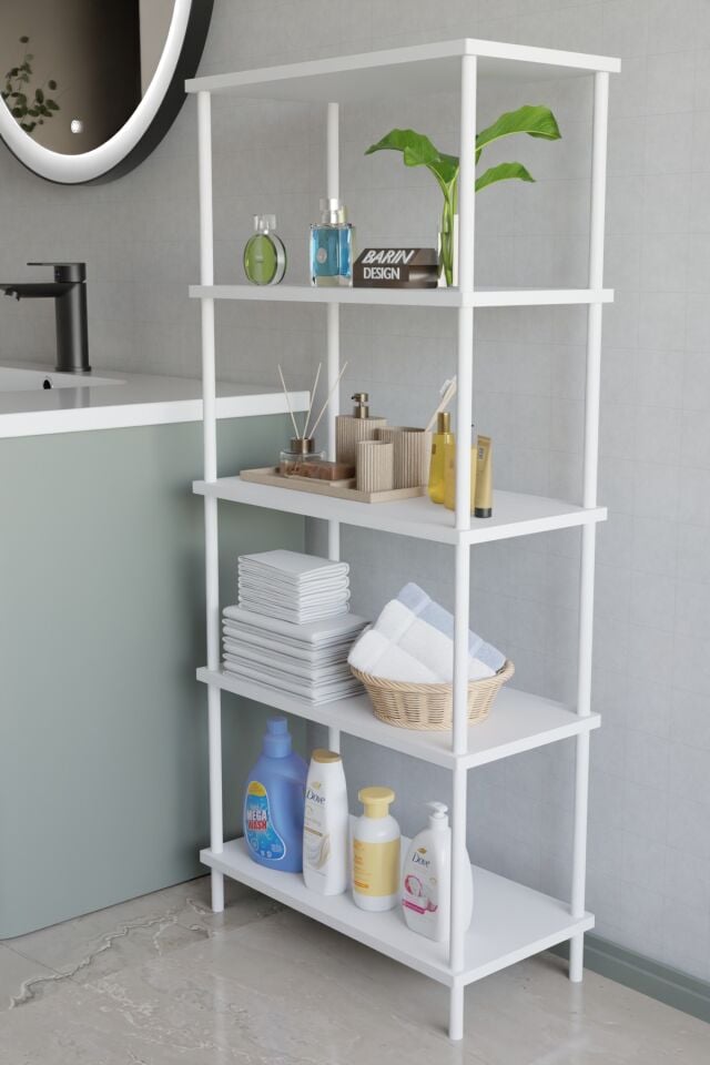 5 Katlı Çevir Kur Metal Gövdeli Banyo Rafı | Çok Amaçlı Düzenleyici | Organizer Stand Banyo Dolabı Beyaz