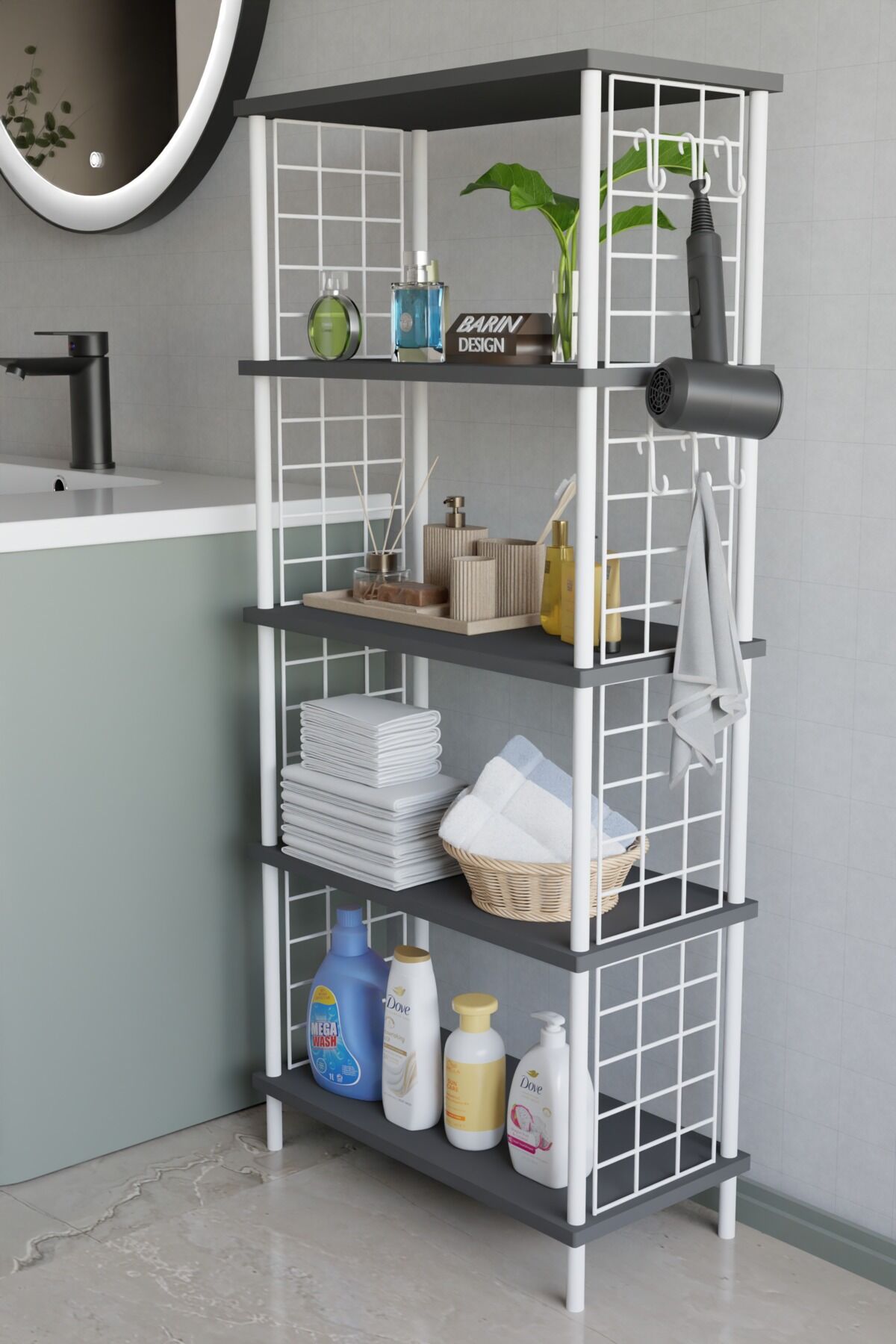 5 Katlı Çevir Kur Beyaz Metal Telli Banyo Rafı | Çok Amaçlı Düzenleyici, Organizer Stand Banyo Dolabı Antrasit