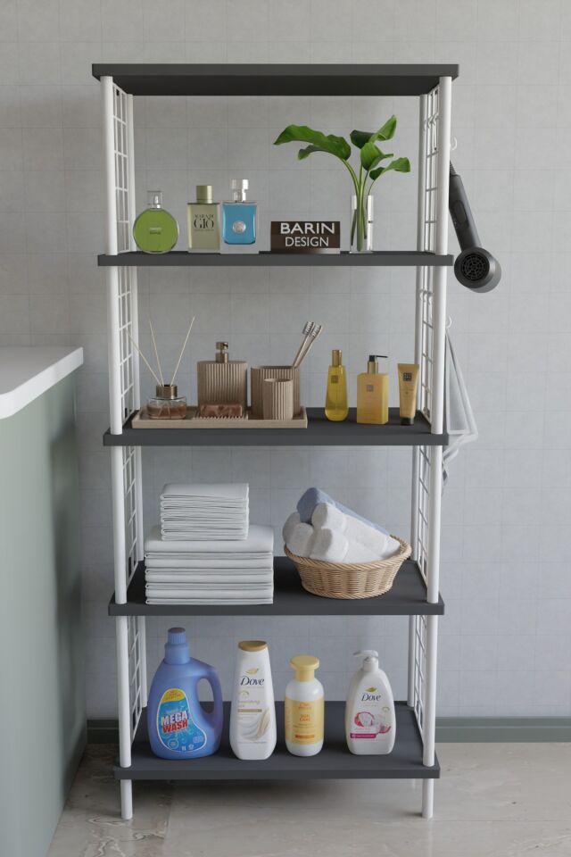 5 Katlı Çevir Kur Beyaz Metal Telli Banyo Rafı | Çok Amaçlı Düzenleyici, Organizer Stand Banyo Dolabı Antrasit