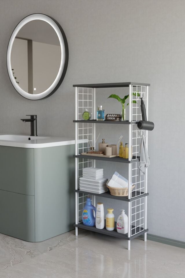 Barın Design 5 Katlı Çevir Kur Beyaz Metal Telli Banyo Rafı | Çok Amaçlı Düzenleyici, Organizer Stand Banyo Dolabı