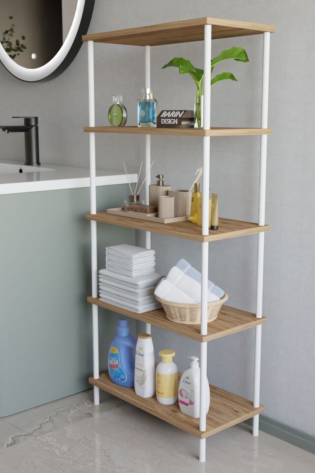 5 Katlı Çevir Kur Metal Gövdeli Banyo Rafı | Çok Amaçlı Düzenleyici | Organizer Stand Banyo Dolabı Atlantik Çam