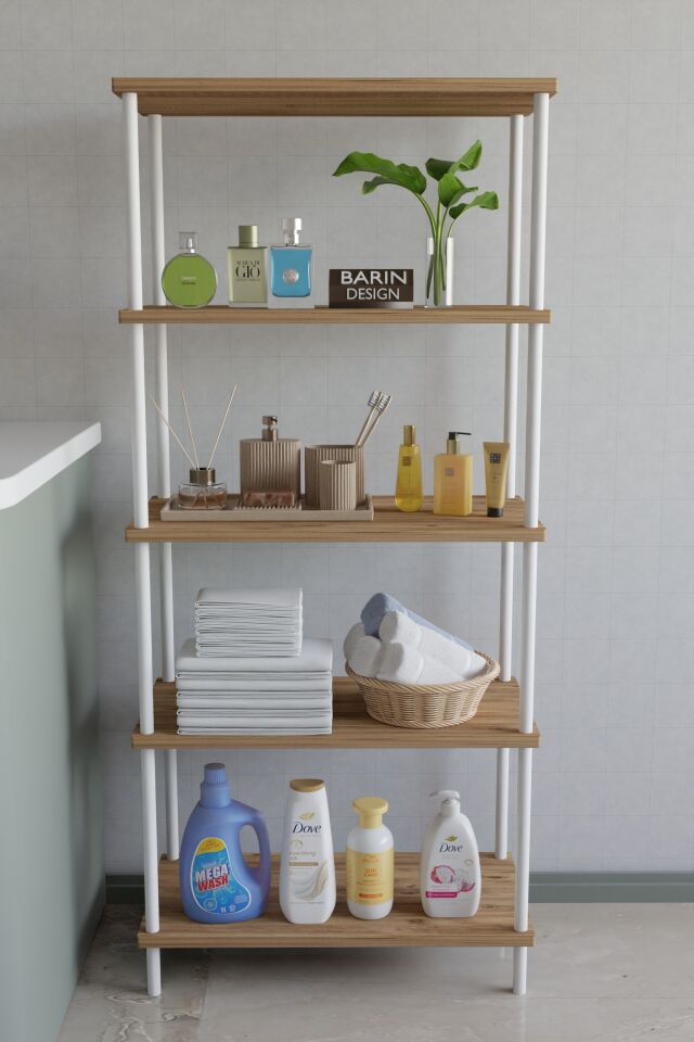 5 Katlı Çevir Kur Metal Gövdeli Banyo Rafı | Çok Amaçlı Düzenleyici | Organizer Stand Banyo Dolabı Atlantik Çam