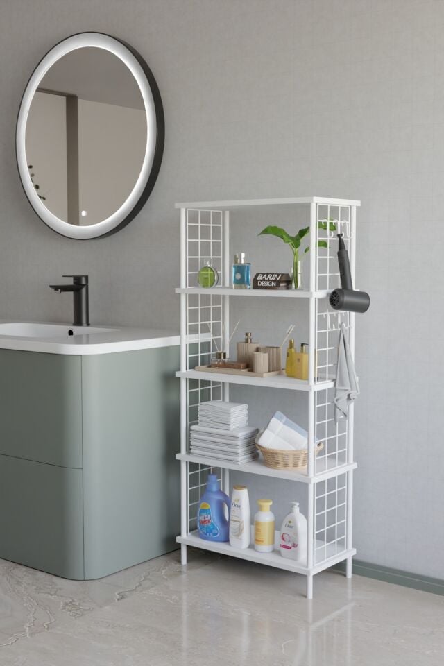 5 Katlı Çevir Kur Beyaz Metal Telli Banyo Rafı | Çok Amaçlı Düzenleyici, Organizer Stand Banyo Dolabı Beyaz