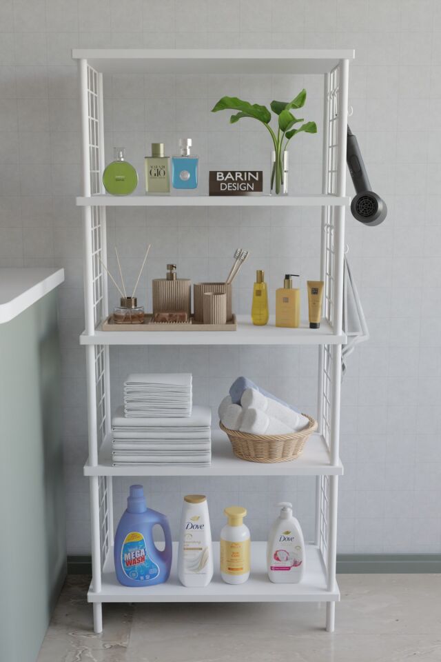 5 Katlı Çevir Kur Beyaz Metal Telli Banyo Rafı | Çok Amaçlı Düzenleyici, Organizer Stand Banyo Dolabı Beyaz