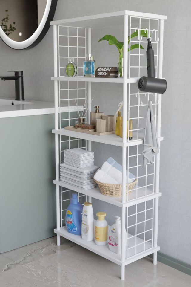 Barın Design 5 Katlı Çevir Kur Beyaz Metal Telli Banyo Rafı | Çok Amaçlı Düzenleyici, Organizer Stand Banyo Dolabı