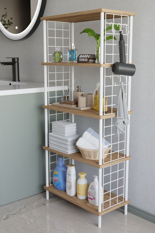 5 Katlı Çevir Kur Beyaz Metal Telli Banyo Rafı | Çok Amaçlı Düzenleyici, Organizer Stand Banyo Dolabı Atlantik Çam