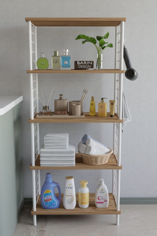 5 Katlı Çevir Kur Beyaz Metal Telli Banyo Rafı | Çok Amaçlı Düzenleyici, Organizer Stand Banyo Dolabı Atlantik Çam