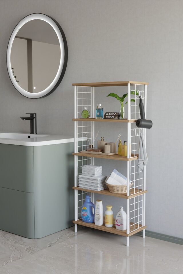 5 Katlı Çevir Kur Beyaz Metal Telli Banyo Rafı | Çok Amaçlı Düzenleyici, Organizer Stand Banyo Dolabı Atlantik Çam