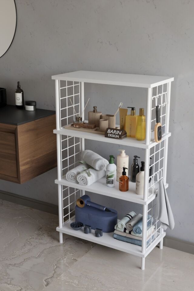 Barın Design 4 Katlı Çevir Kur Beyaz Metal Telli Banyo Rafı | Çok Amaçlı Düzenleyici, Organizer Stand Banyo Dolabı
