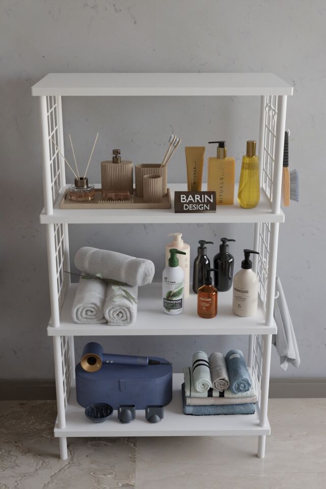 4 Katlı Çevir Kur Beyaz Metal Telli Banyo Rafı | Çok Amaçlı Düzenleyici, Organizer Stand Banyo Dolabı