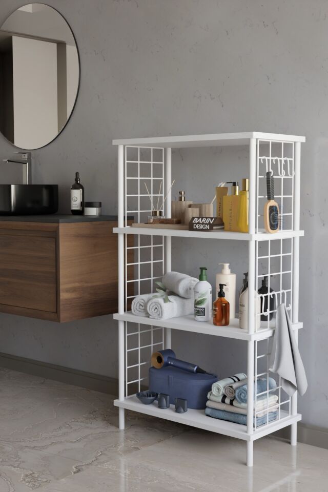 4 Katlı Çevir Kur Beyaz Metal Telli Banyo Rafı | Çok Amaçlı Düzenleyici, Organizer Stand Banyo Dolabı