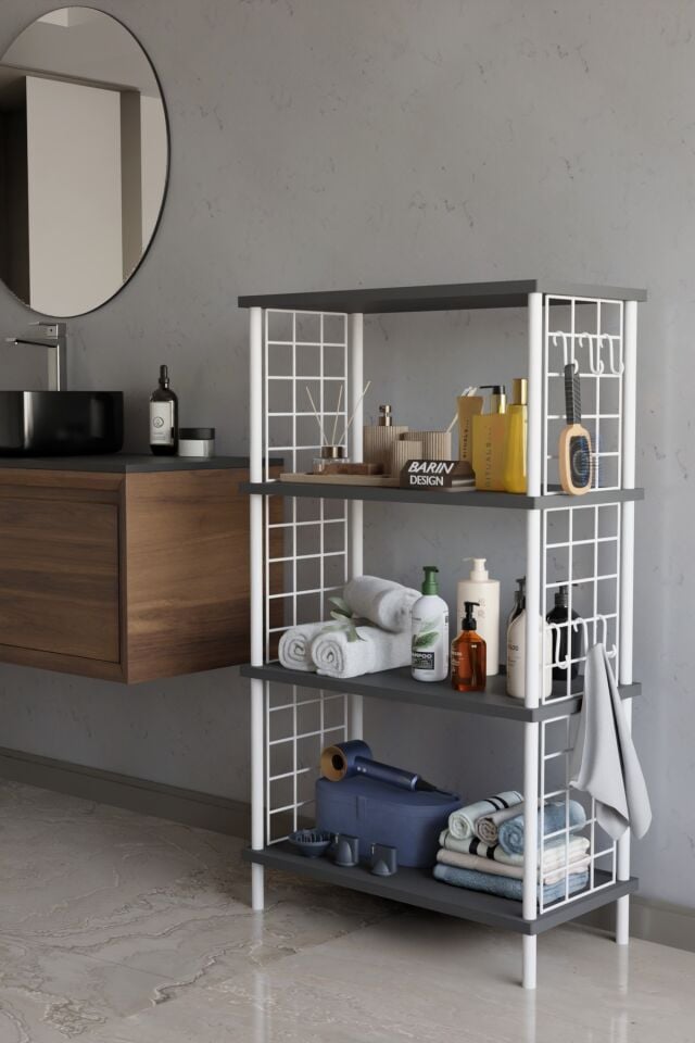 4 Katlı Çevir Kur Beyaz Metal Telli Banyo Rafı | Çok Amaçlı Düzenleyici, Organizer Stand Banyo Dolabı