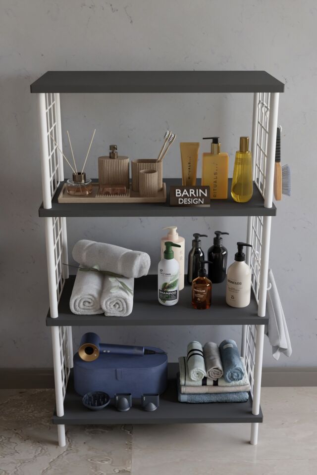 Barın Design 4 Katlı Çevir Kur Beyaz Metal Telli Banyo Rafı | Çok Amaçlı Düzenleyici, Organizer Stand Banyo Dolabı