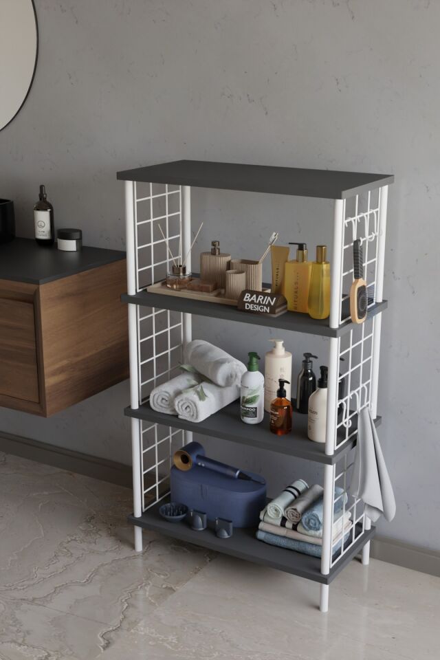 Barın Design 4 Katlı Çevir Kur Beyaz Metal Telli Banyo Rafı | Çok Amaçlı Düzenleyici, Organizer Stand Banyo Dolabı