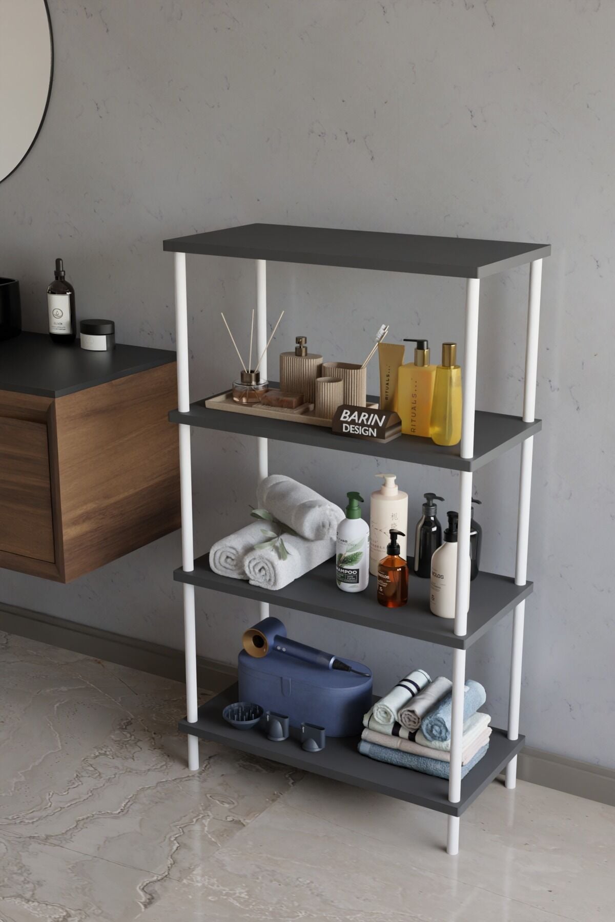 Barın Design 4 Katlı Çevir Kur Metal Gövdeli Banyo Rafı | Çok Amaçlı Düzenleyici | Organizer Stand Banyo Dolabı