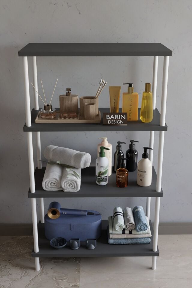Barın Design 4 Katlı Çevir Kur Metal Gövdeli Banyo Rafı | Çok Amaçlı Düzenleyici | Organizer Stand Banyo Dolabı