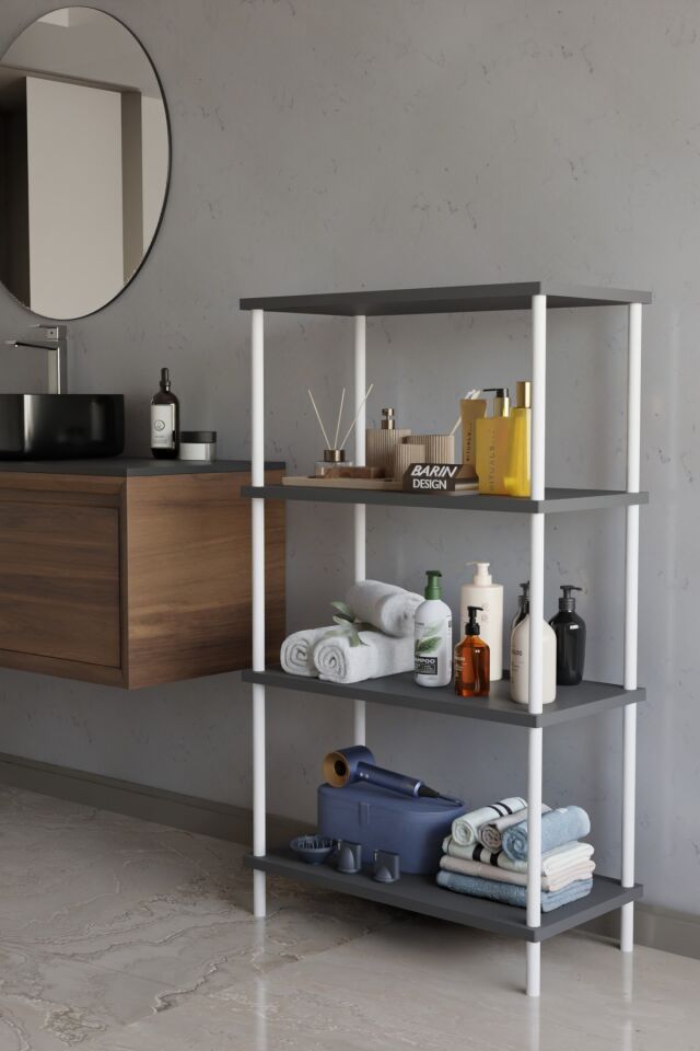 Barın Design 4 Katlı Çevir Kur Metal Gövdeli Banyo Rafı | Çok Amaçlı Düzenleyici | Organizer Stand Banyo Dolabı