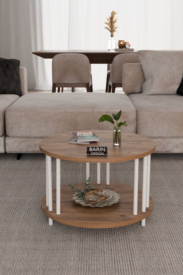 Modern Yuvarlak Orta Sehpa Çift Katlı Beyaz Metal Ayaklı Salon, Ofis, Dekoratif Masa