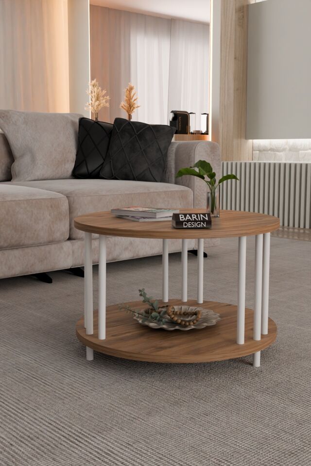 Modern Yuvarlak Orta Sehpa Çift Katlı Beyaz Metal Ayaklı Salon, Ofis, Dekoratif Masa