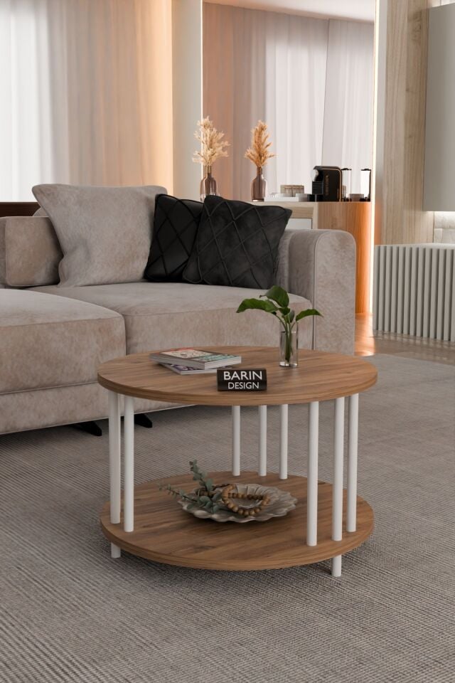 Modern Yuvarlak Orta Sehpa Çift Katlı Beyaz Metal Ayaklı Salon, Ofis, Dekoratif Masa