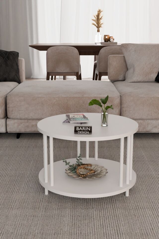 Modern Yuvarlak Orta Sehpa Çift Katlı Beyaz Metal Ayaklı Salon, Ofis, Dekoratif Masa