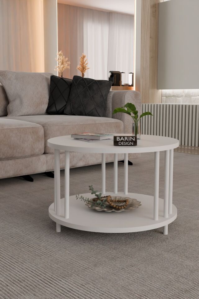 Modern Yuvarlak Orta Sehpa Çift Katlı Beyaz Metal Ayaklı Salon, Ofis, Dekoratif Masa